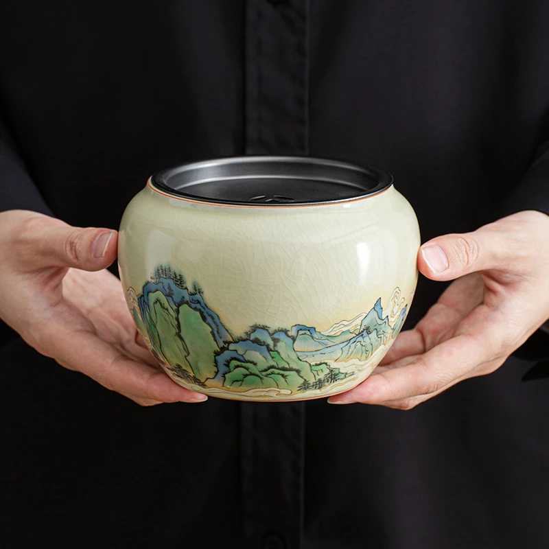 黄汝窑千里江山茶渣缸带盖过滤陶瓷废水缸桌面废水桶建水杯洗茶具