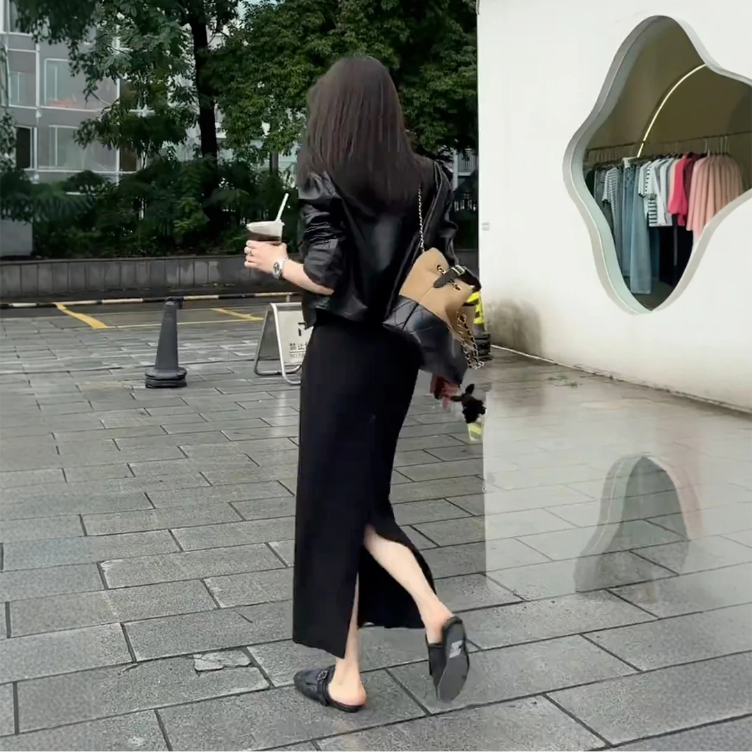 黑色气质百搭半身裙女秋季新款胖mm大码显瘦纯欲风后开叉包臀长裙