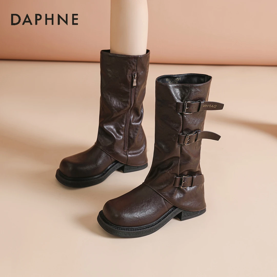 达芙妮棕色靴子女秋2025巨好看超火堆堆靴烟筒靴中筒美拉德裤管靴