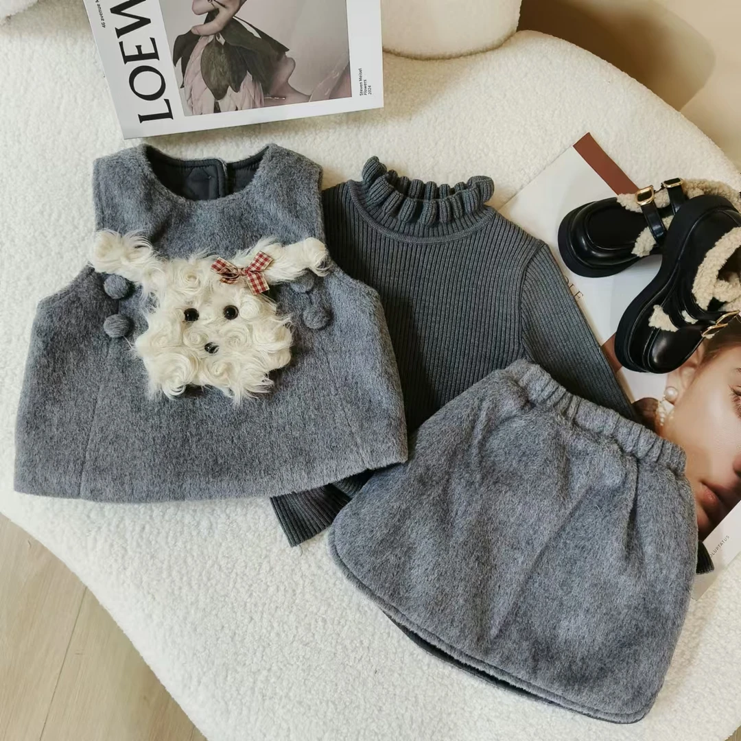 女童套装2024秋冬新款韩版洋气时髦女宝宝气质毛呢外套短裙两件套