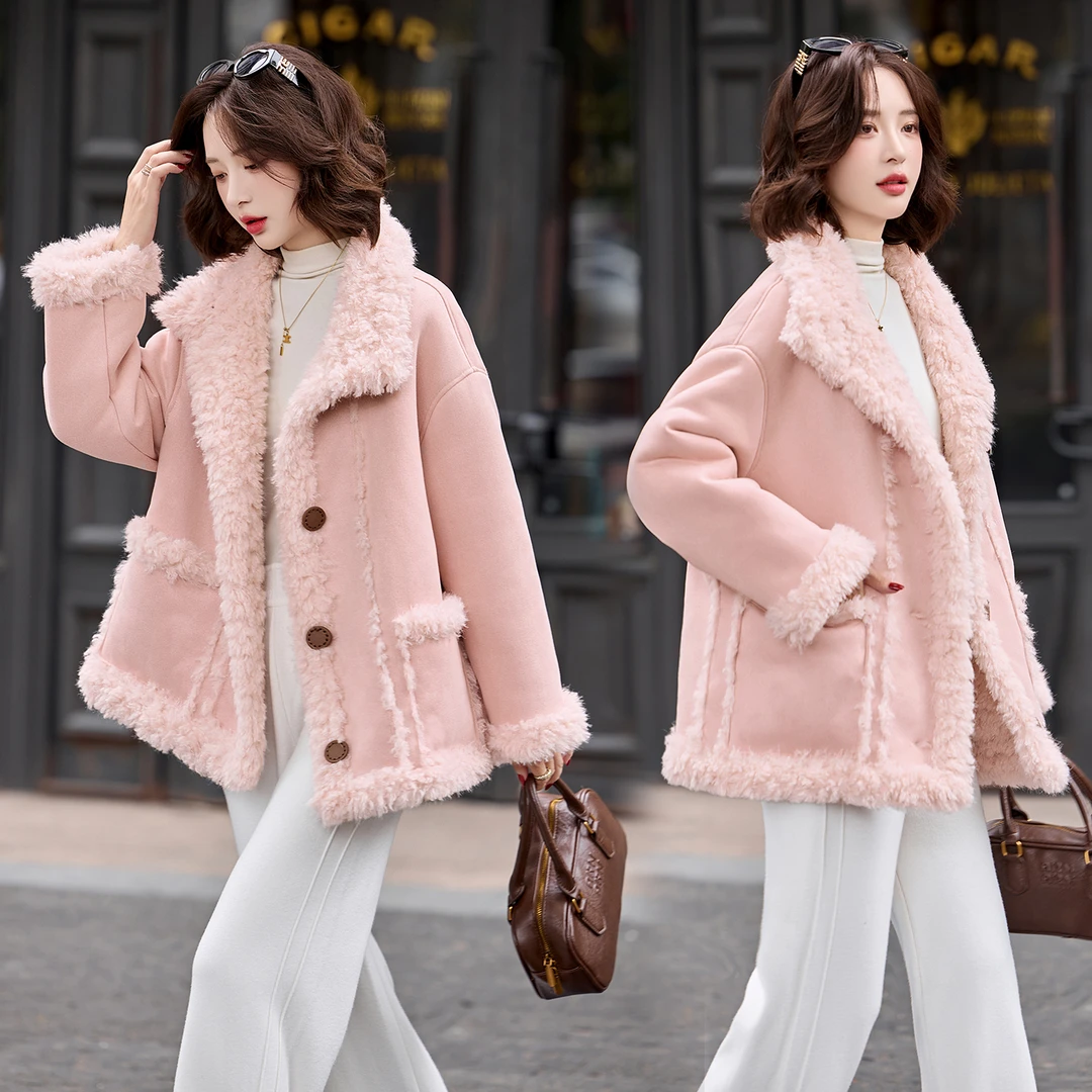 桃粉色皮毛一体毛绒外套女2025冬季新款加绒加厚保暖宽松短款上衣