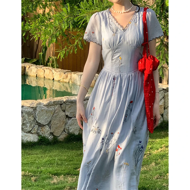 【花城秘境】法式温柔风茶歇裙气质显白刺绣连衣裙女夏季长裙07067