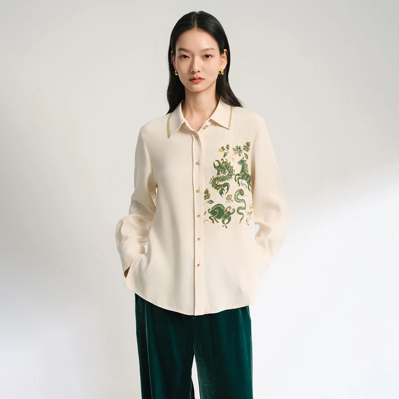 EP YAYING雅莹女装 重磅桑蚕丝手工重工刺绣正肩衬衫 25新款2110A