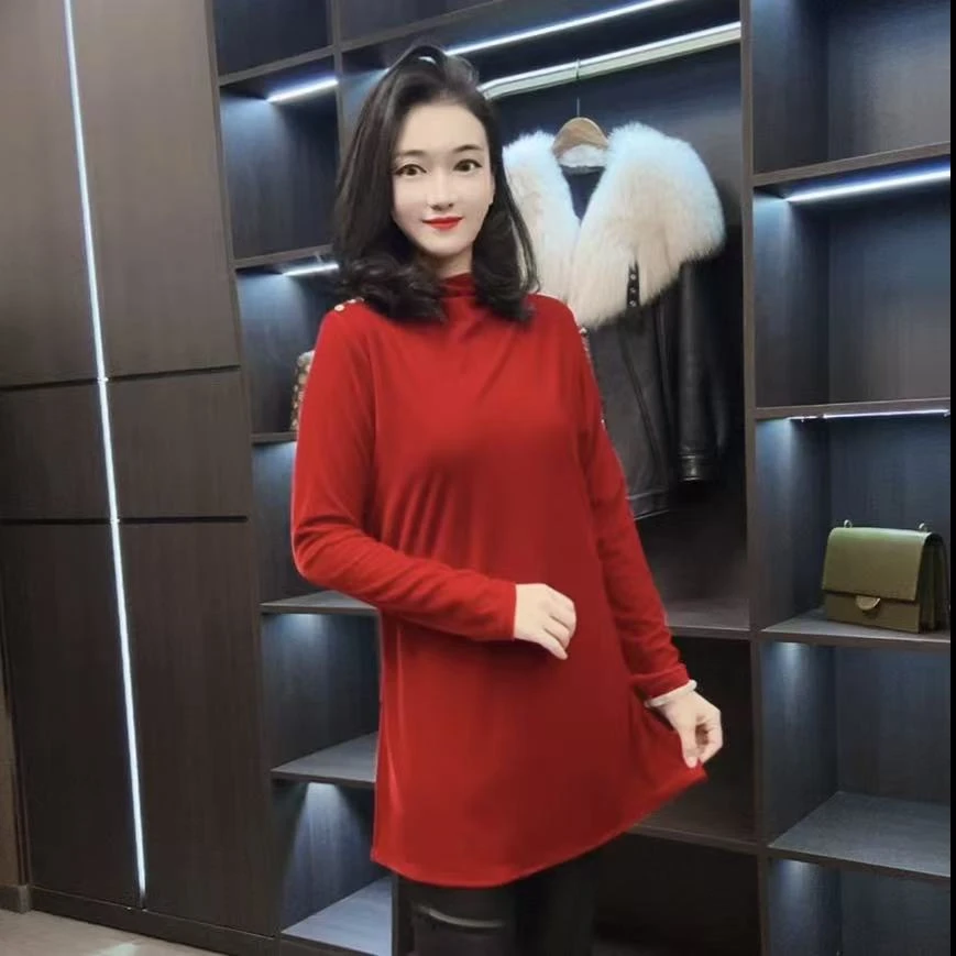 【峰姐优品】6959【DNY】肩扣长款侧开气丝绒长袖衫