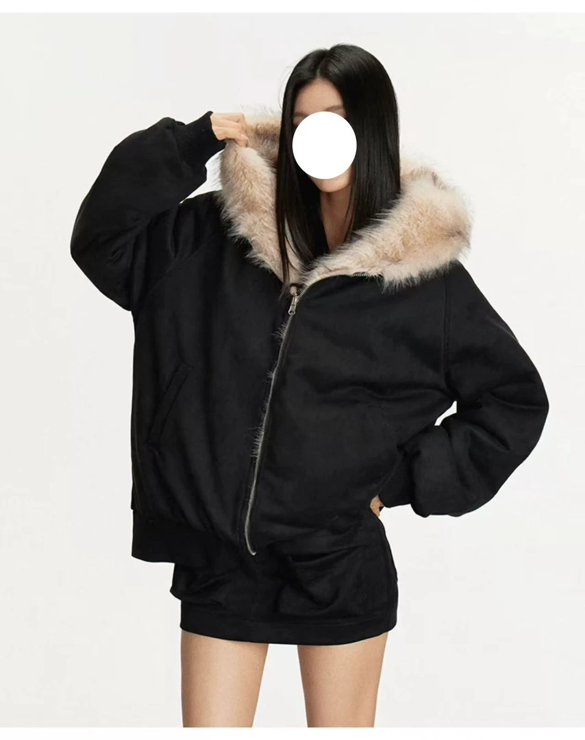 冬季外套加厚两穿毛领连帽开衫卫衣韩系百搭保暖棉服外套 AM25685