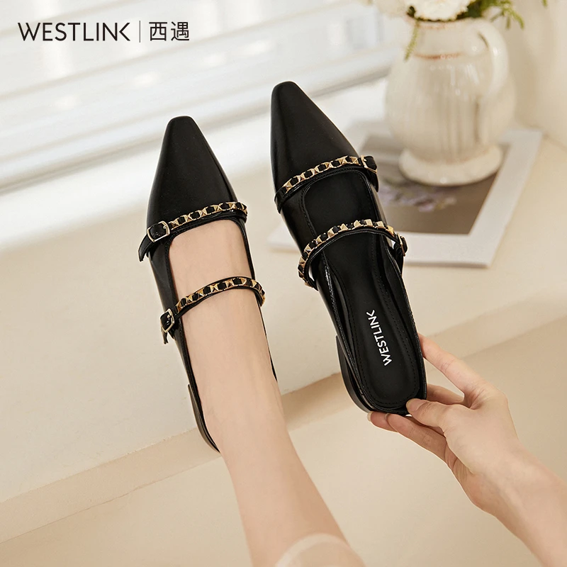 百搭尖头穆勒鞋女2024新款春夏季铆钉玛丽珍平底单鞋包头半拖鞋