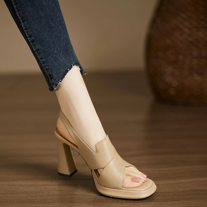 小个子手工女鞋10cm~厚底高跟凉鞋气质高跟鞋百搭防水台粗跟凉鞋