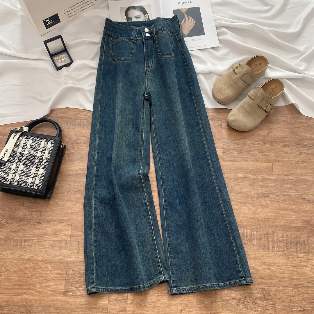 怀旧蓝阔腿牛仔裤女早秋季2025年新款高腰显瘦宽松不贴腿喇叭裤子