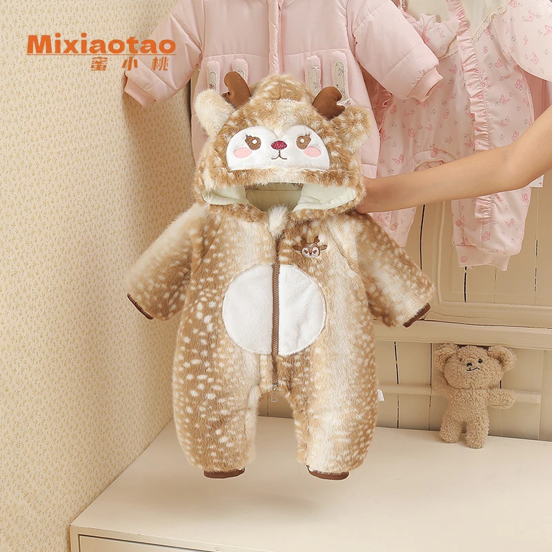 冬款 麋鹿加厚儿童外出服婴儿新生儿幼儿闭档哈衣连体衣宝宝连帽