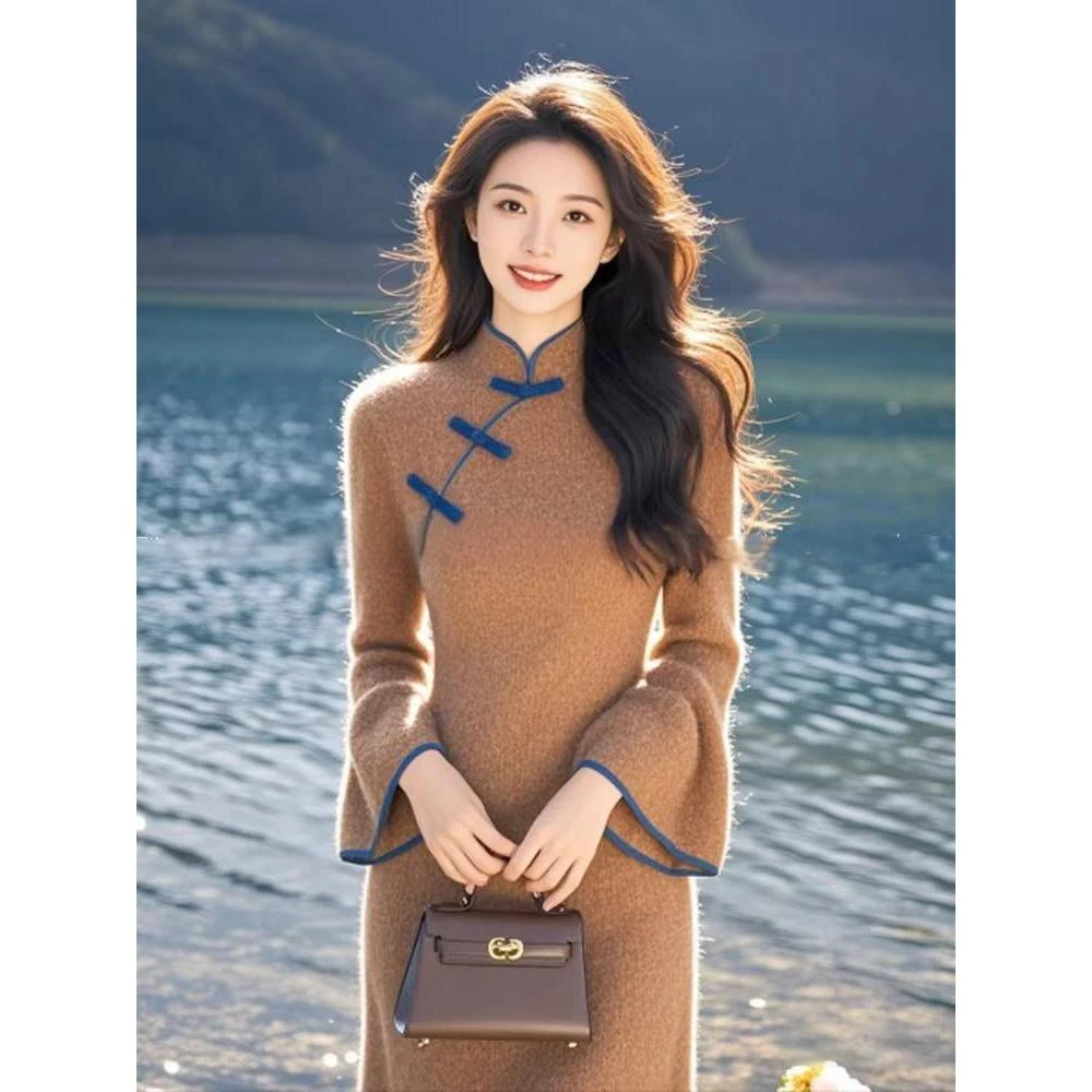 新中式国风端庄大气咖色针织内搭连衣裙子春秋款穿搭女2025年新款