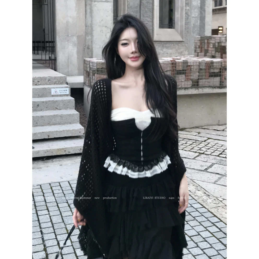 现货LIBA 拜占庭/法式蕾丝抹胸插腰上衣+不规则蛋糕裙两件套1834