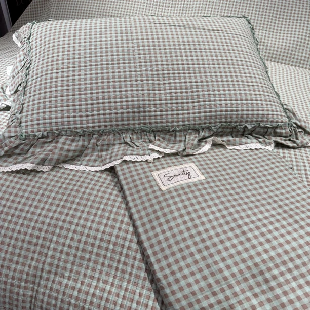 全棉绗缝夹棉床盖款双层纱四件套被罩款小清新风格法式花边