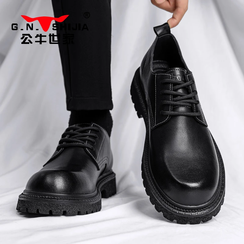 公牛世家男鞋2025新款春季黑色休闲皮鞋运动大头软底商务正装工作