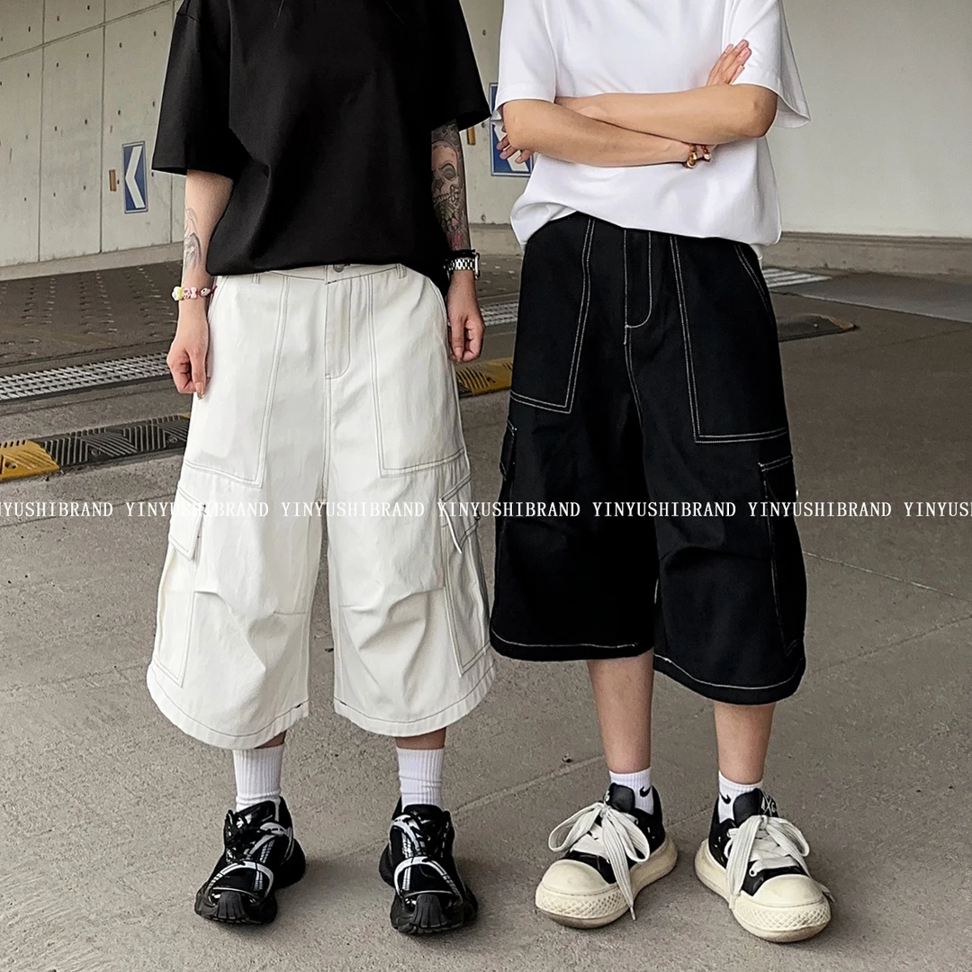 美式夏季工装大口袋短裤男女同款高街宽松阔腿七分裤百搭休闲中裤