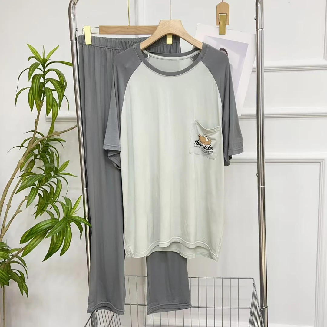 范范家  男士插肩袖口袋熊弹力舒适家居套装6301