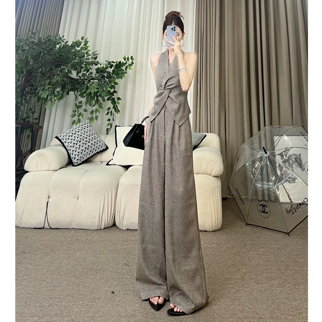 夏日不重样的教师通勤穿搭无袖扭结收腰高腰阔腿长裤套装干净风