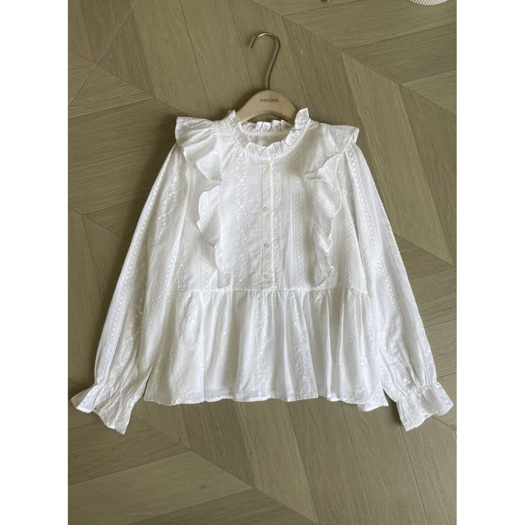 璎婲sᴀᴋᴜʀᴀ【落日沙丘】媛韩版花边圆领拼接荷叶边重工刺绣温柔衬衫