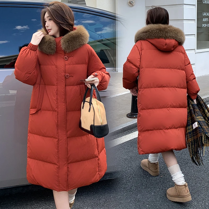 大码羽绒服女冬200-300斤胖MM冬季韩版显瘦连帽长款羽绒服外套女