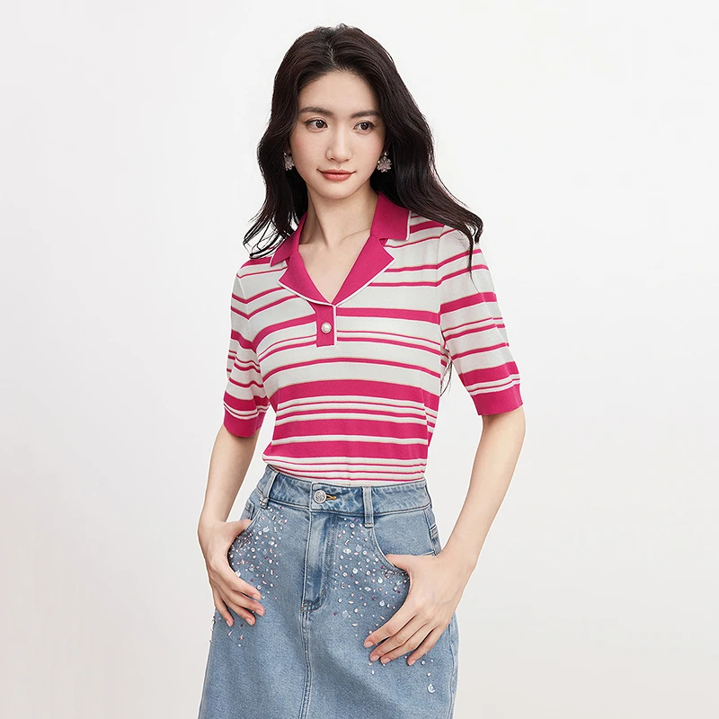 珂莱蒂尔条纹POLO领女印花毛针织衫修身polo短款打底KZ03416P7
