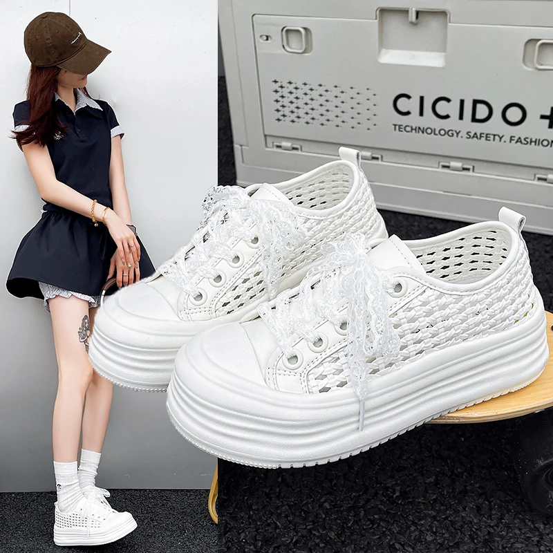 2025夏季新款厚底增高镂空编织透气小白鞋女舒适百搭休闲鞋