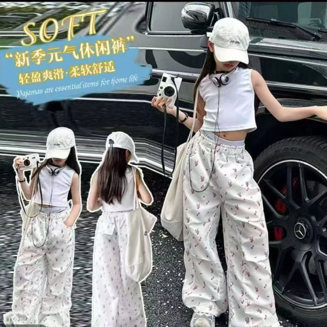 800159童装女童休闲长裤 2025夏季儿童洋气花朵休闲裤宝宝长裤子