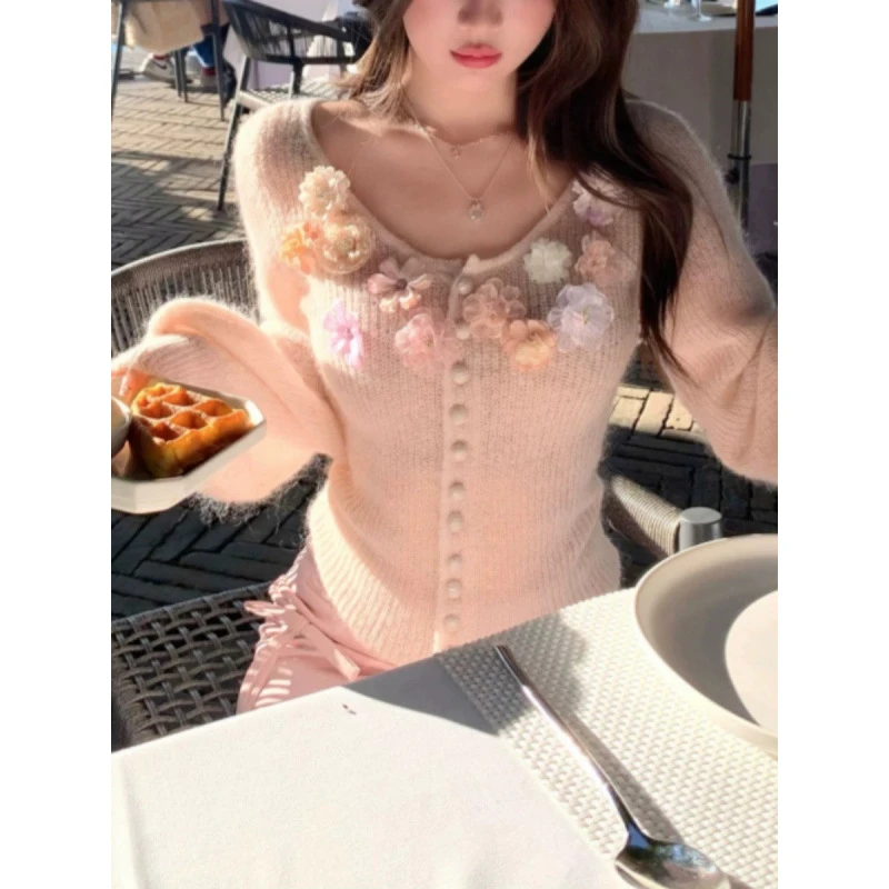 YUNSHU花开半夏 手工订花马海毛针织开衫女秋季外穿绝美毛衣上衣