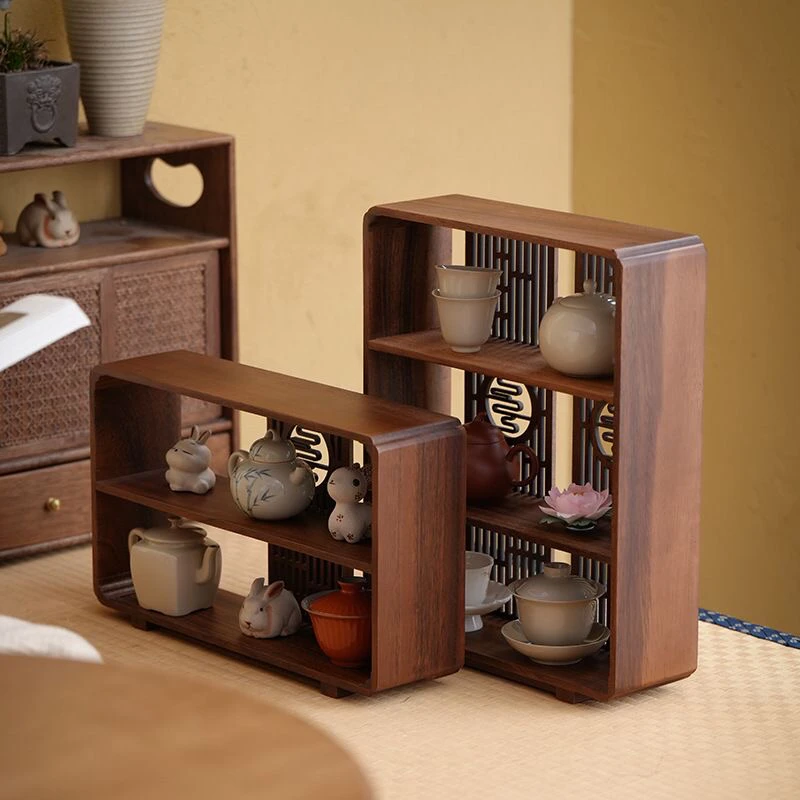 胡桃木布置桌面茶杯架新中式实木茶架子收纳多层置物架家用台面架