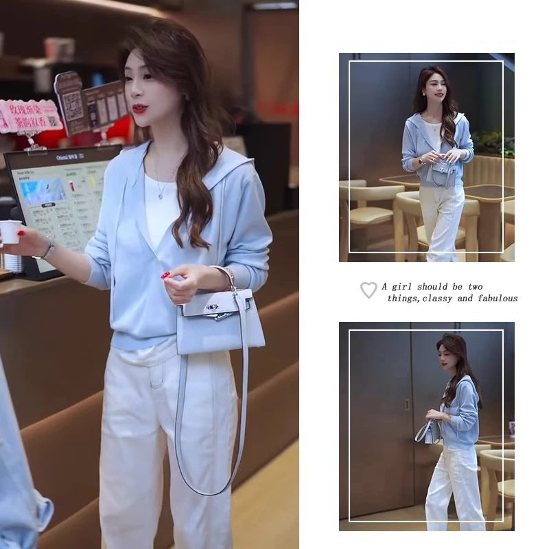 连帽撞色假两件长袖针织衫女春季新款时尚韩版气质显瘦上衣潮