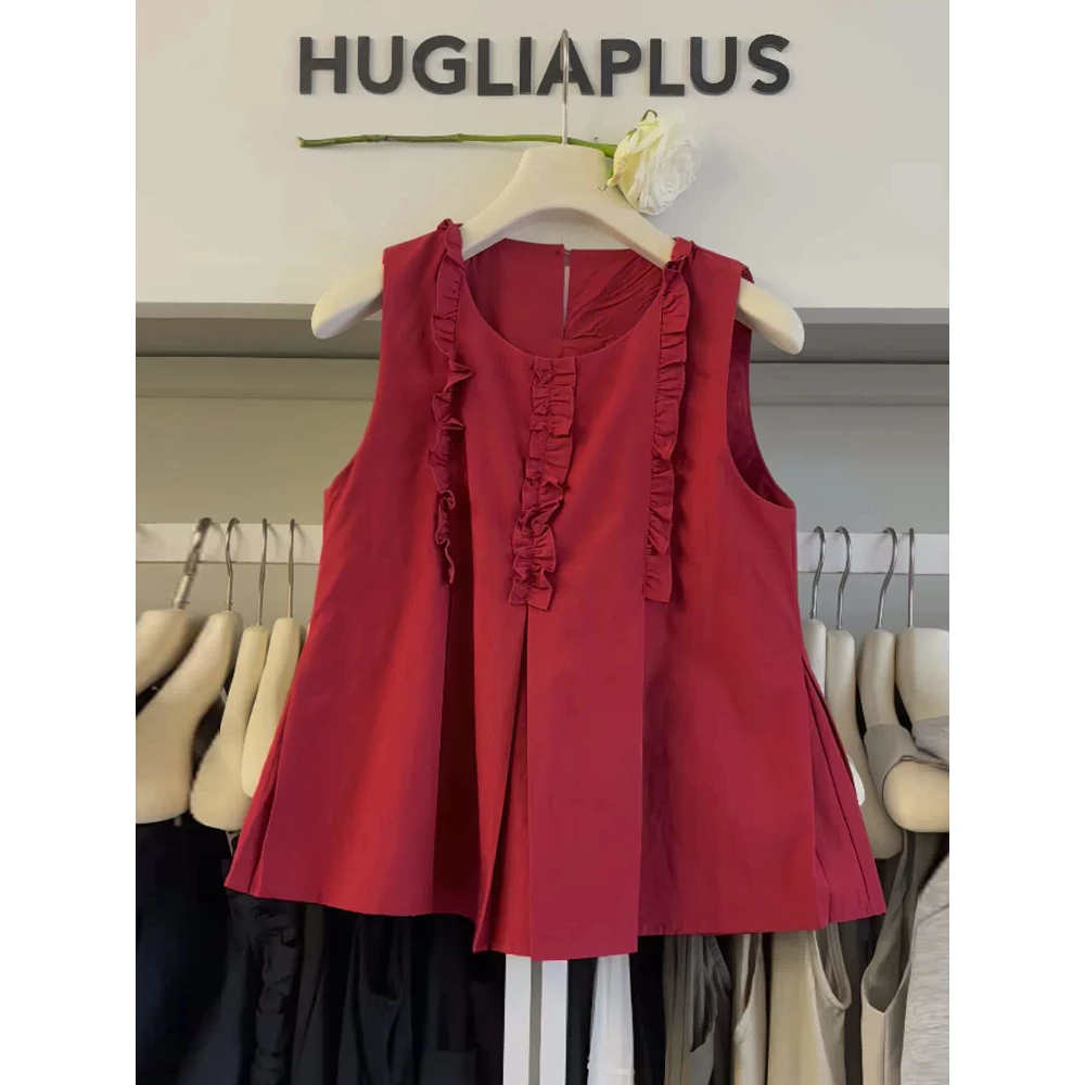 夏季新款韩系时尚设计感木耳边圆领无袖娃娃衫女百搭休闲红色背心