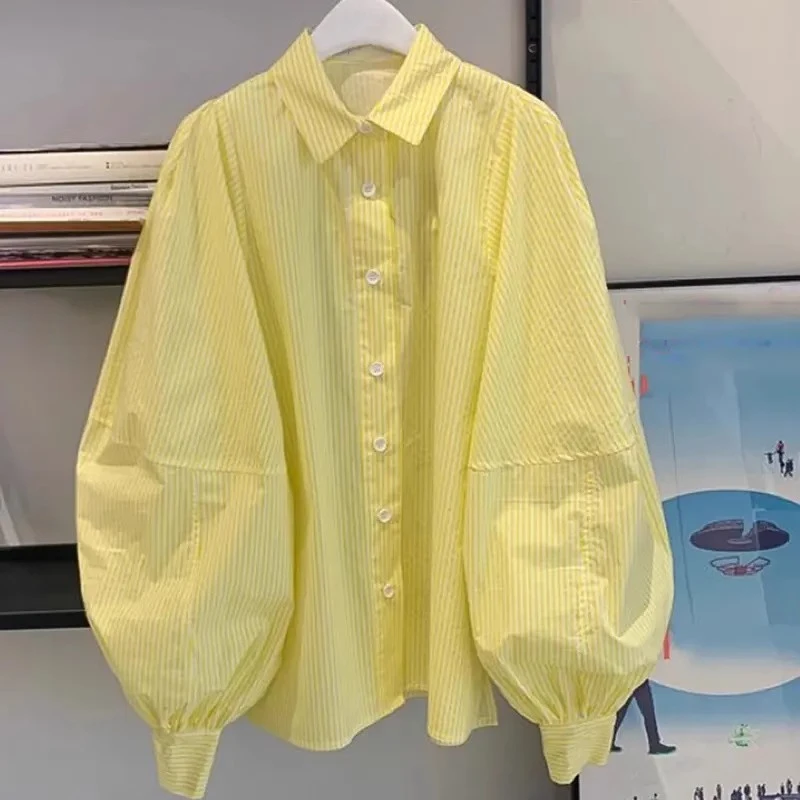 2025早春新款百搭休闲灯笼袖小衫好看胖MM宽松黄色衬衫上衣女装潮