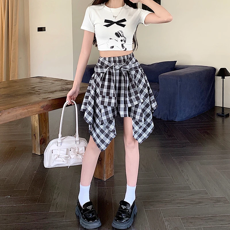 大码胖mm高腰显瘦格子半身裙不规则设计短裙衬衫式绑带A字裙 5611