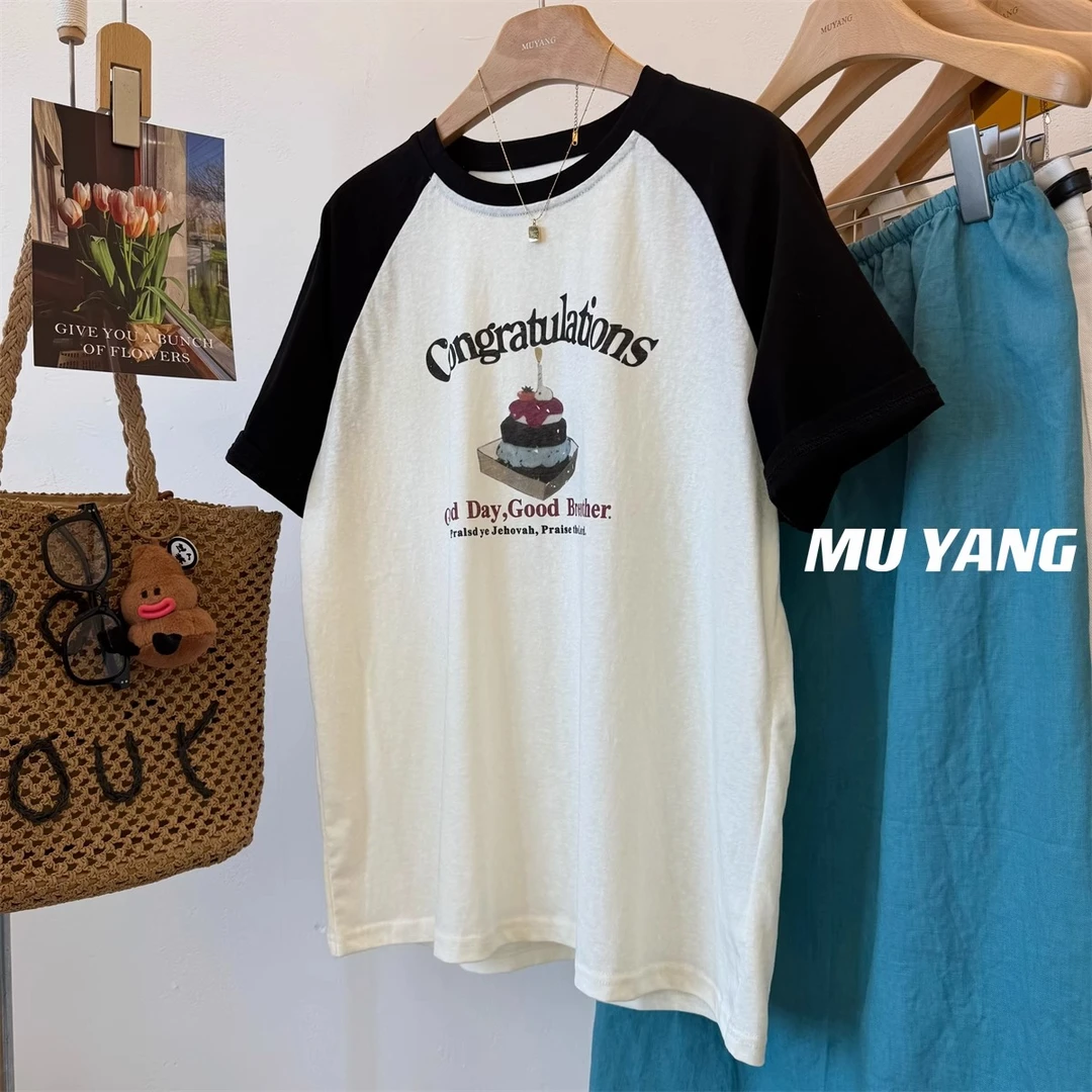 200斤胖mm大码宽松显瘦短袖T恤女夏季新款雪花棉半袖插肩圆领