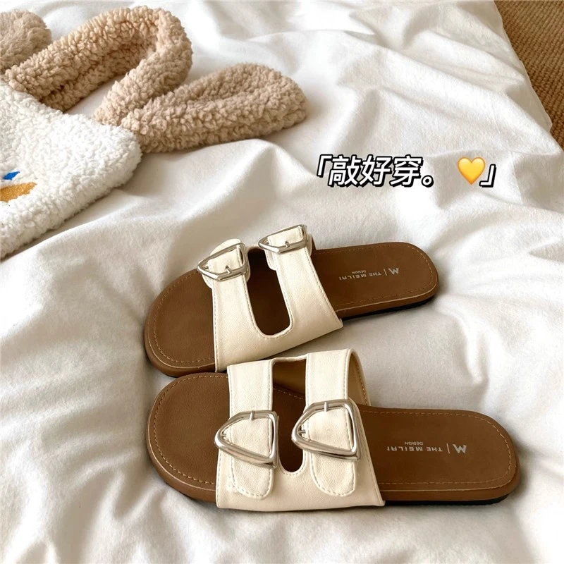 浪漫度假风~！海边法式慵懒ins夏季皮面凉拖鞋女透气软底一字拖鞋