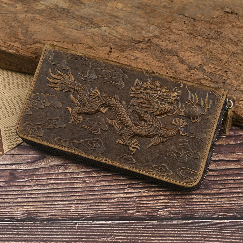 复古休闲疯马长款手拿包头层牛皮龙头纹手工拉链皮卡包男士钱包