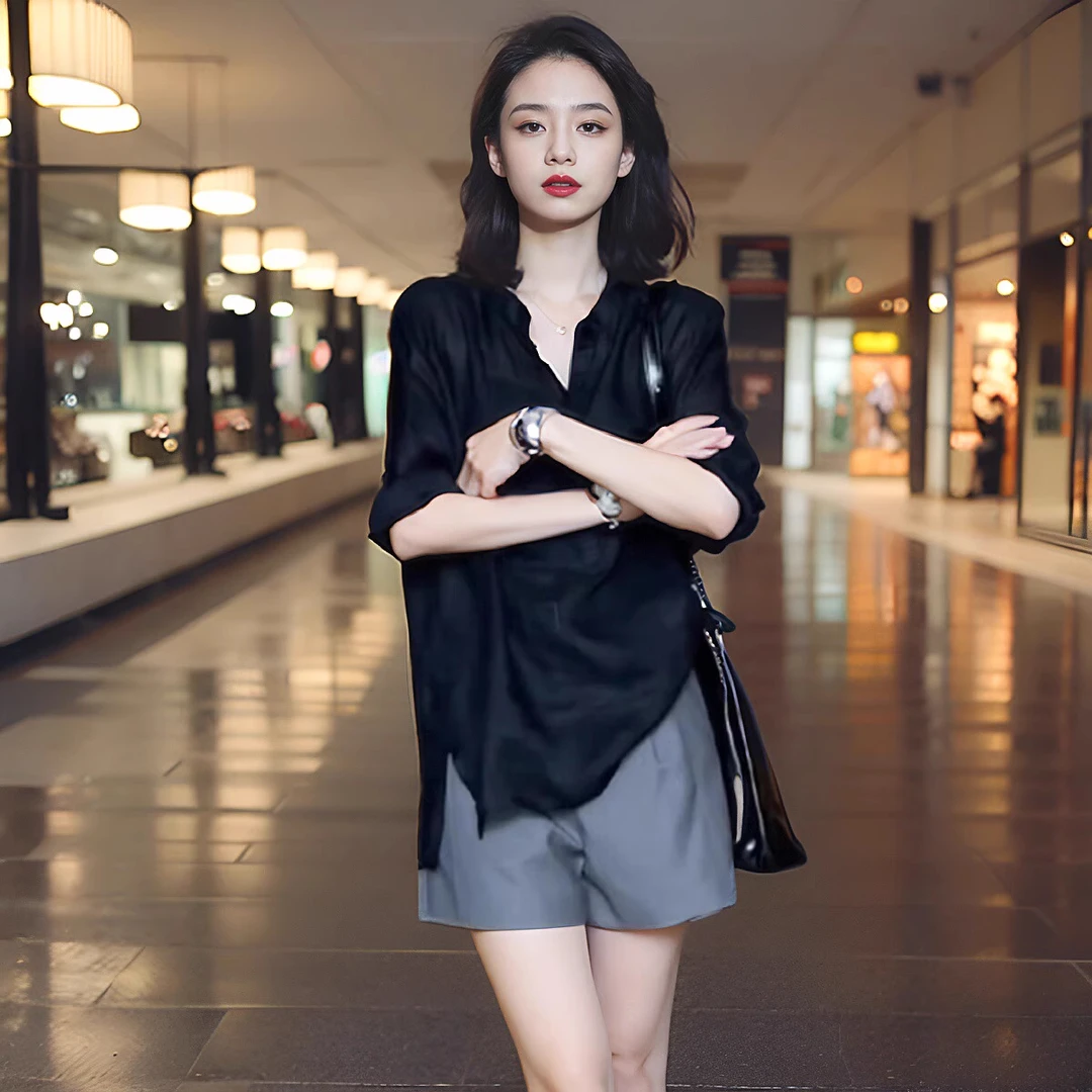 2025超火夏装一整套休闲薄款短袖衬衫搭配高腰显瘦短裤女装两件套