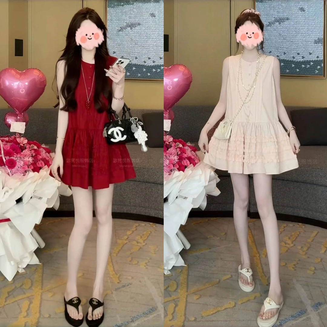 甜美可爱风格衣服2025夏季设计感木耳边无袖中长款连衣裙洋气衣服