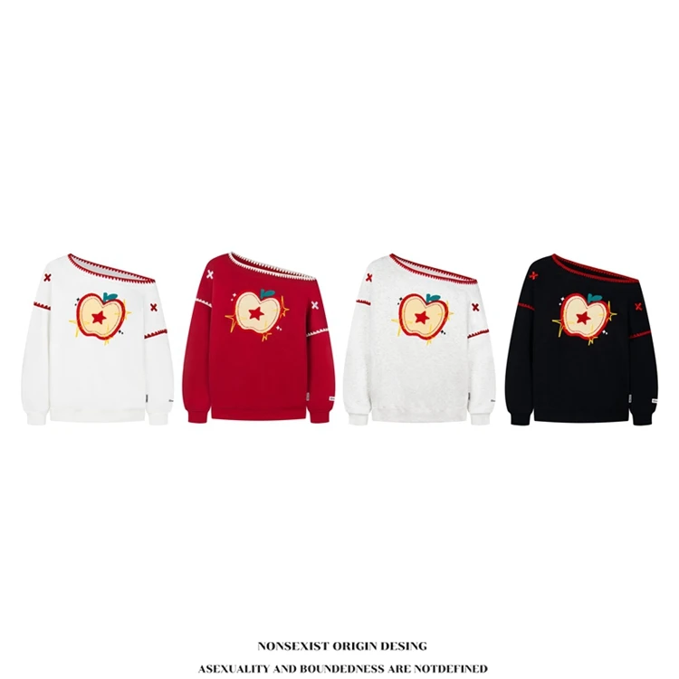 NONSEXIST 原创国潮苹果植绒刺绣撞色斜肩卫衣女辣妹高街宽松上衣