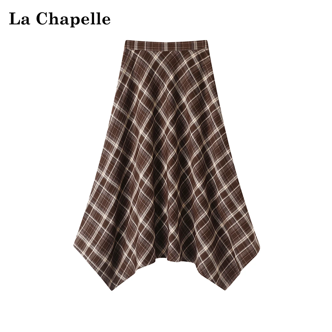 拉夏贝尔秋季新款后腰松紧格子半身裙女复古高腰设计感显瘦长裙子