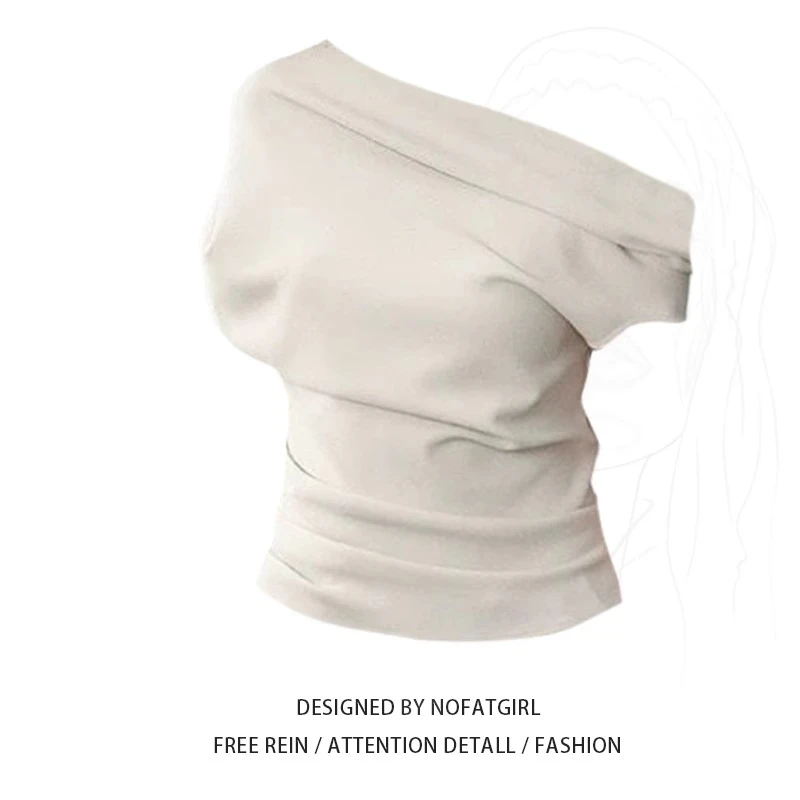 大码胖MM法式斜肩气质短袖T恤女夏季收腰显瘦不规则设计露肩上衣