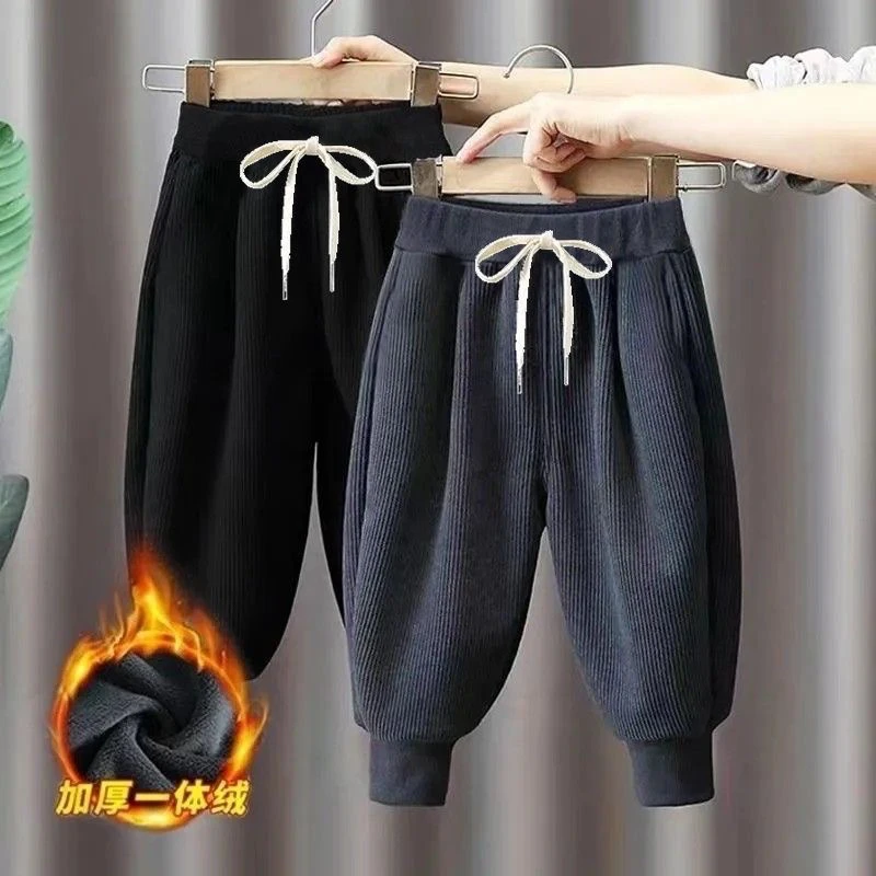 宝宝加绒休闲裤秋冬款男童女童加绒一体绒小童韩版宽松束脚裤百搭