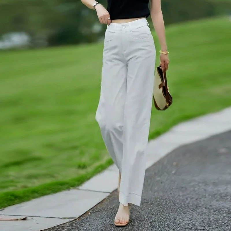 浅色薄款阔腿裤女夏季2025年新款小个子九分冰丝垂感窄版直筒裤子