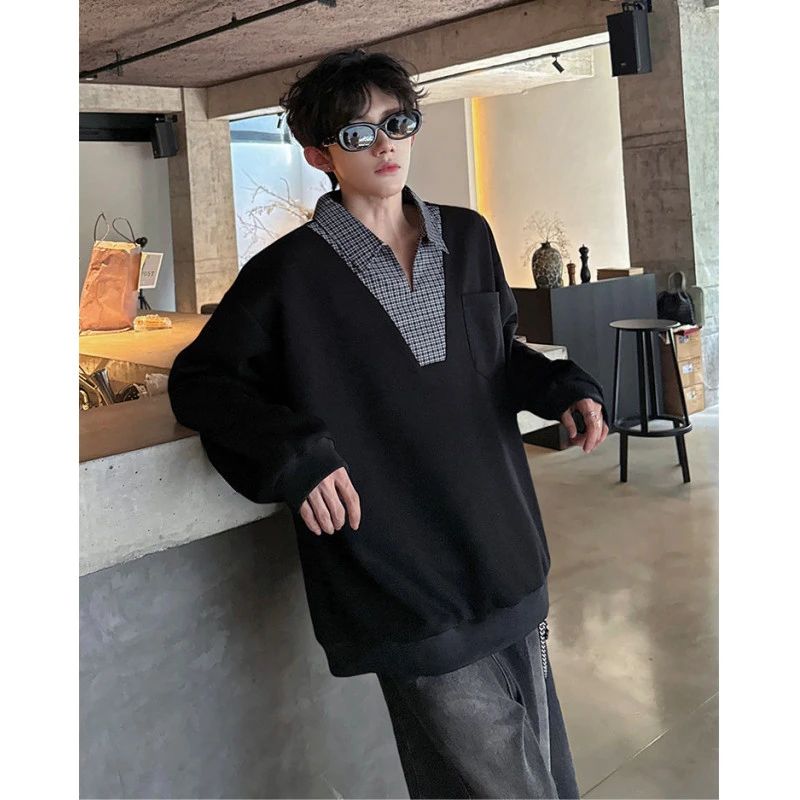 假两件卫衣男秋季格子拼接设计高级感痞帅翻领卫衣慵懒风长袖t恤