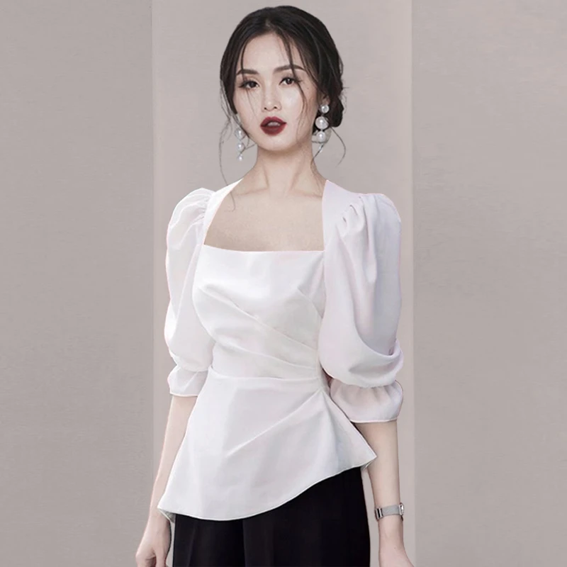 2025夏装新款设计感一字肩泡泡袖方领气质白色衬衫女