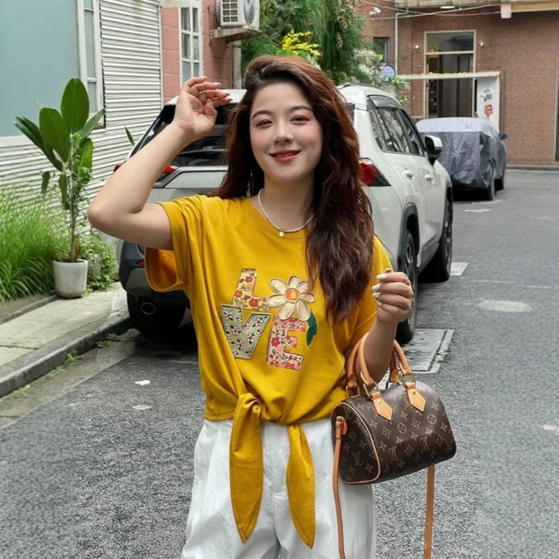 25750绑带T恤立体重工刺绣单肩设计感辣妹风字母百搭有弹力减龄