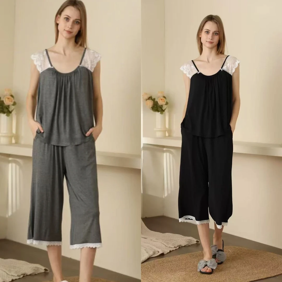 蕾丝宽肩八分裤莫代尔裸睡家居套装