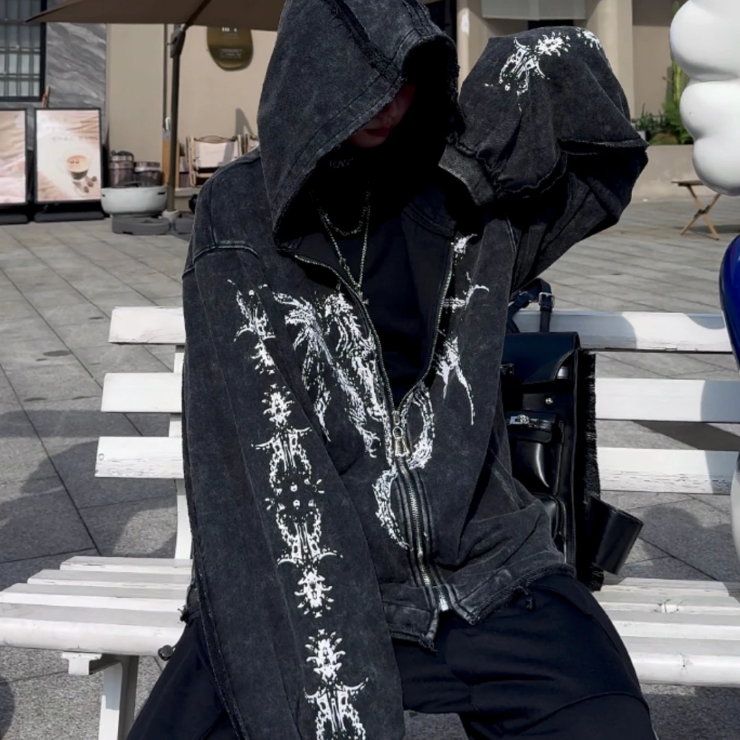 冬季潮流重磅高街美式街头炒色复古印花拉链宽松连帽卫衣外套