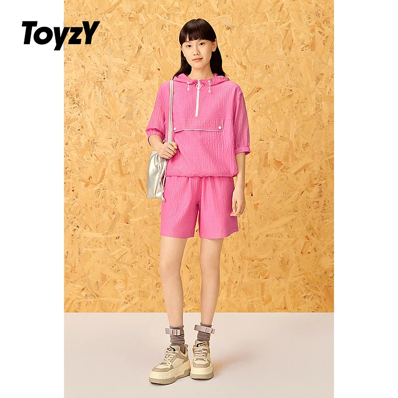 ToyzY25夏新款格子肌理轻薄莱赛尔慵懒街潮玫粉卫衣女ZC35270110