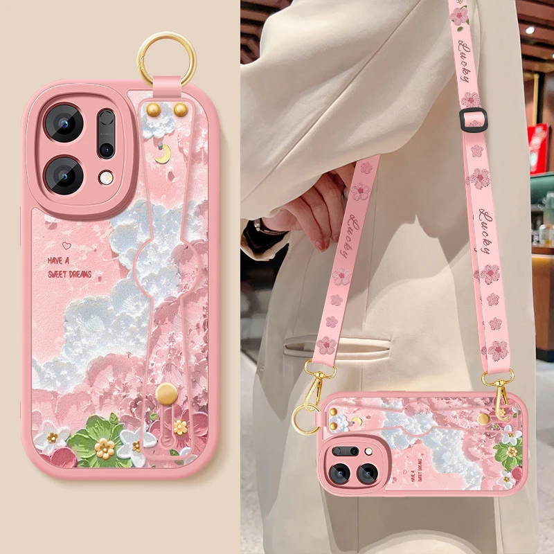 适用opporeno14手机壳reno14pro新款小羊皮韩系花朵斜跨腕带挂绳
