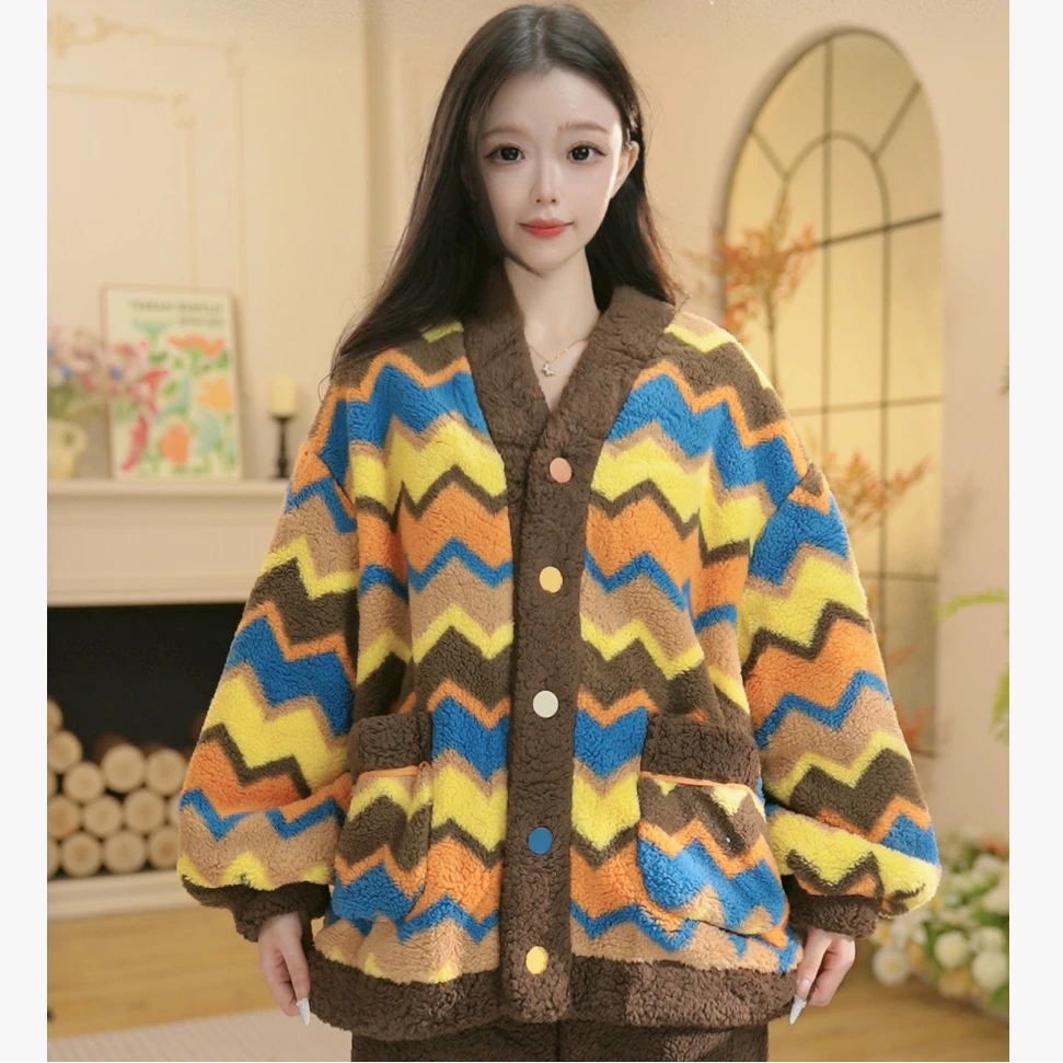 H冬季新款长袖加绒家居服秋冬季加绒加厚保暖舒适睡衣