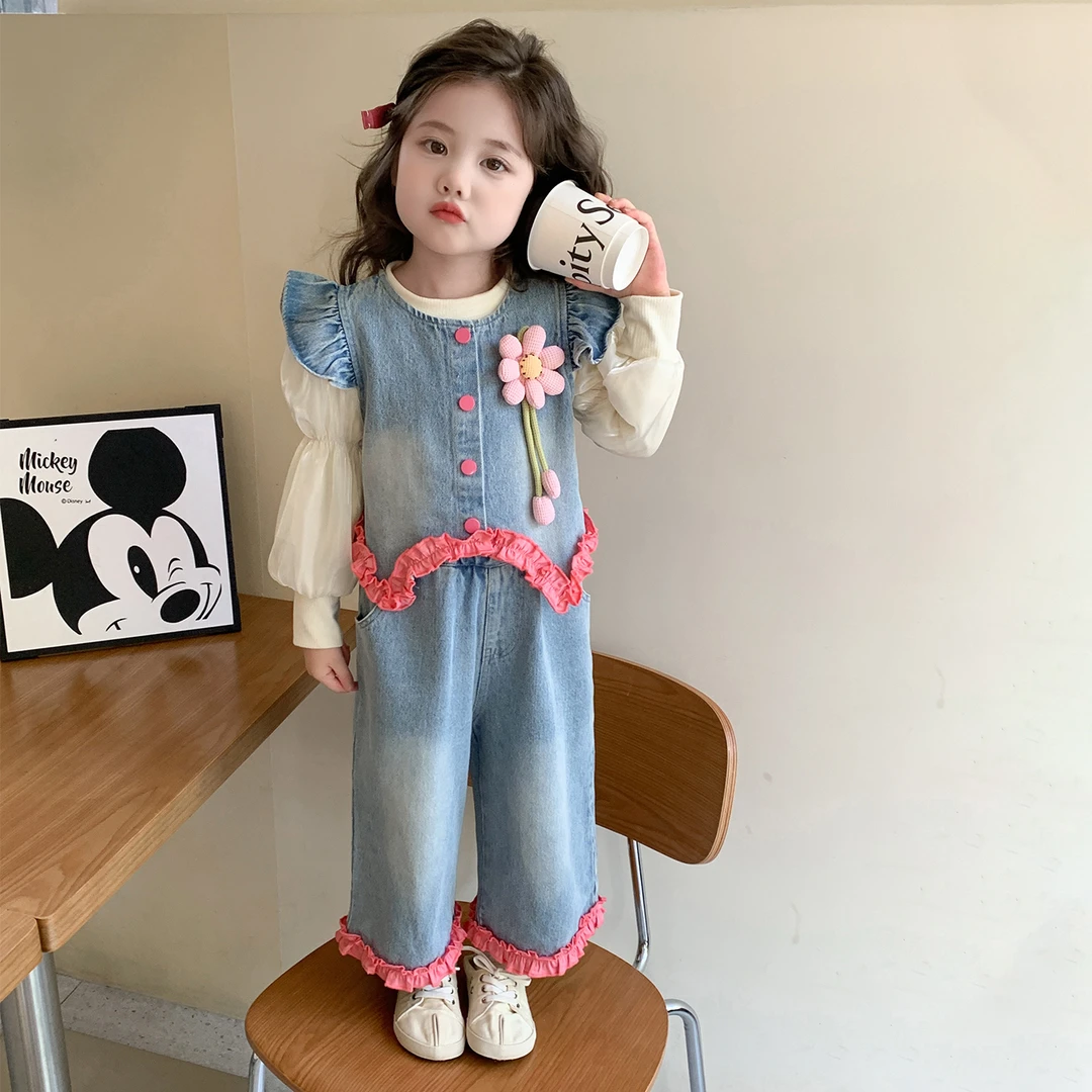 女童装2025秋季韩版女宝宝套装洋气背心牛仔裤子三件套儿童春秋装